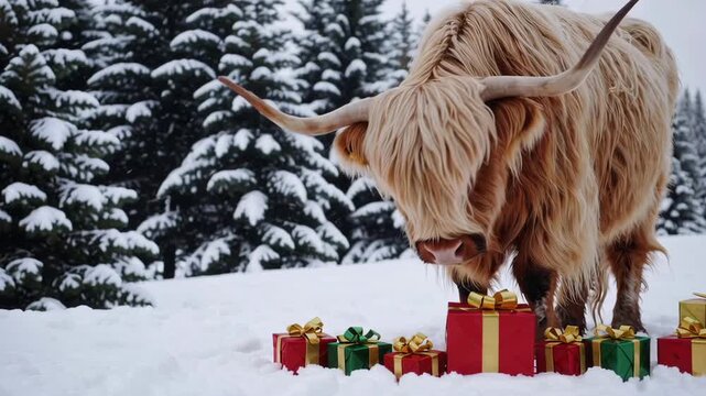 Highland cow curiously explores colorful christmas gifts in snowy pine forest