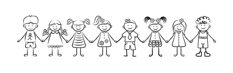 Group of funny kids holding hands. Friendship concept. Happy cute doodle children. Isolated vector illustration in hand drawn style on white background