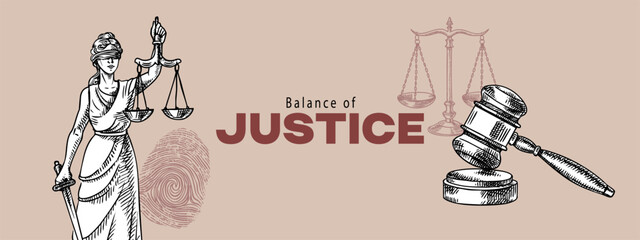 Sketch judicial law background. Themis lady justice, scales, fingerprint, gavel. Engraved line style hand drawn vector illustration. Law, legal, court, mediation center, arbitration, notary concept