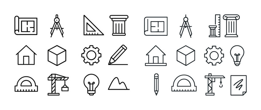 Architectural design icons: blueprint, compass, ruler, column, c