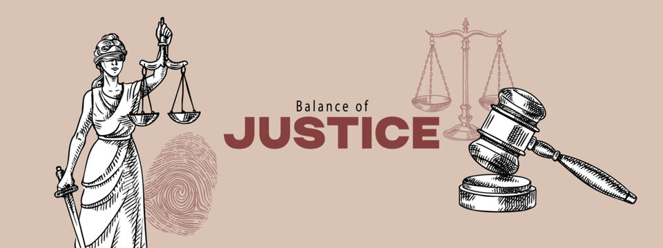 Sketch judicial law background. Themis lady justice, scales, fingerprint, gavel. Engraved line style hand drawn vector illustration. Law, legal, court, mediation center, arbitration, notary concept