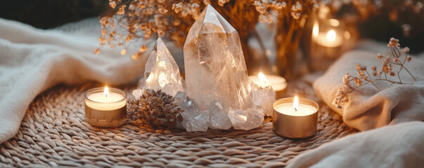 Healing Crystals, Essential Oils, and Sage on Linen Table