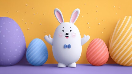 Cute White Easter Bunny Posing with Colorful Eggs on Vibrant Background.