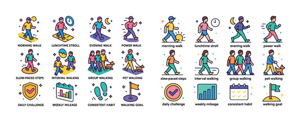 Fototapeta premium Diverse walking activities and routines with illustrations of pe