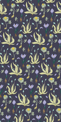 Floral retro pattern with primroses, crocus bulbs, tulips, muscari on a deep purple background