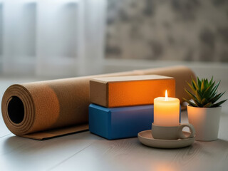 Yoga mat and blocks with a lit candle and plant, creating a serene home practice atmosphere