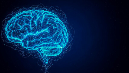 A captivating 3D render of a glowing blue human brain composed of interconnected dots and lines, symbolizing a neural network or AI. This futuristic illustration represents artificial intelligence