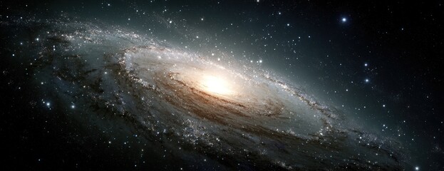 Fototapeta premium Spiral galaxy viewed edge-on against a dark starry background.