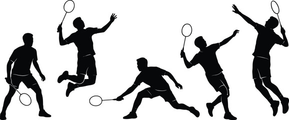 Badminton player silhouette icon set, black vector style, racket sport, jump, lunge, hit, motion, athlete, sketch