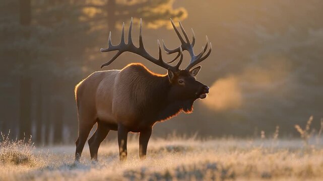 A large elk with impressive antlers standing in a frosty field with warm sunlight and trees in the background.