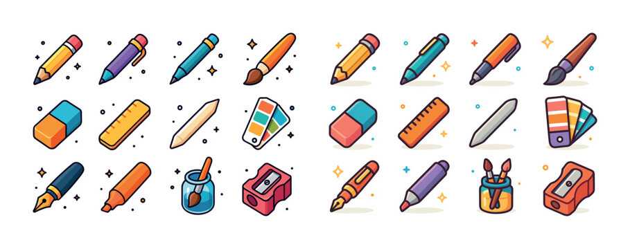Colorful collection of art and writing supplies with pencils bru