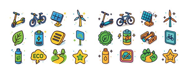 Obraz premium Eco-friendly transportation and renewable energy icons with natu
