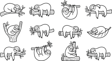 Obraz premium Cartoon sloth vector set, cute animal poses, tree branch, jungle leaves, relaxed mood, sleeping, hanging, hugging, resting, playfulv