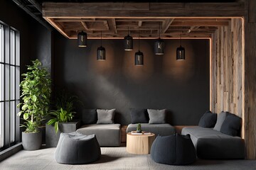 A modern living room interior featuring a comfortable sofa, stylish bean bags, and elegant wooden accents creating a cozy atmosphere.