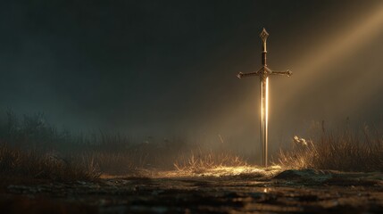 Obraz premium A sword stands upright on the ground in a dark, misty area. Light beams down on the sword, highlighting its features. The surrounding grass is wet, and the atmosphere is mysterious
