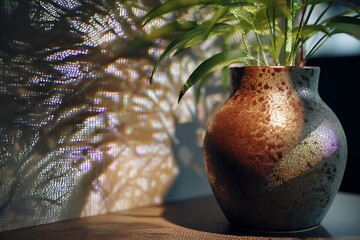 A serene still life featuring a speckled ceramic vase with green plants, bathed in iridescent light and shadow.