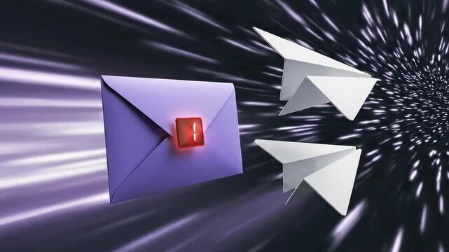 Paper airplanes and envelope flying through abstract light tunnel.