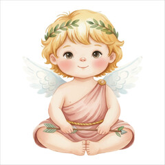Cute Cupid Angel Sitting Cross Legged Watercolor Vector Illustration Isolated on White Background
