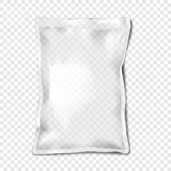 Clear glossy plastic pillow bag. Realistic 3d mockup. Vacuum sealed blank empty transparent pouch package. Vector mock-up. Rectangle sachet packaging. Template for design