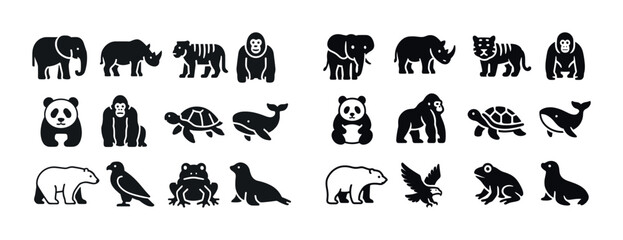 Fototapeta premium Silhouettes of diverse animals: elephant, rhino, tiger, gorilla,