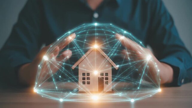 Secured home concept, protected housing with network connection and hands shielding