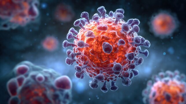 The visual shows a virus with distinct surface proteins, capturing its intricate structure during replication. The background enhances the focus on the viral particles, highlighting their features