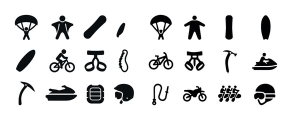 Adventure sports icons set featuring paragliding, snowboarding,