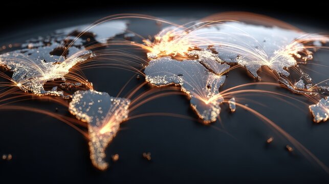A world map with glowing lines and lights - Powered by Adobe