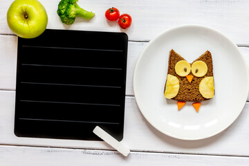 kids menu owl shaped sandwich place for text top view