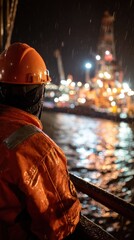 Offshore Oil Worker Gazing at Nighttime Drilling Platform.