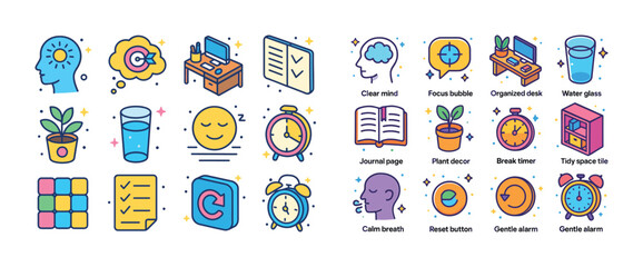 Colorful icons representing mindfulness and productivity concept