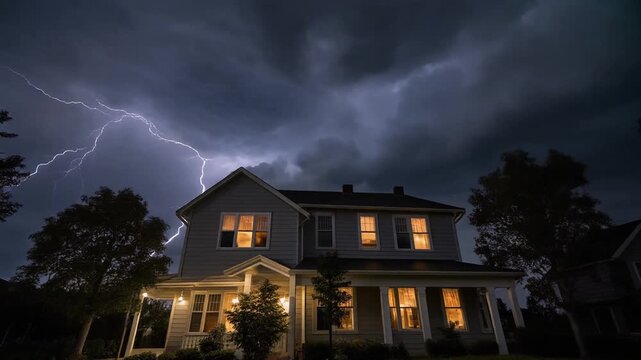 A striking lightning bolt electrifies the dark sky above a warmly lit suburban home, capturing the intense beauty and raw power of a nighttime thunderstorm event