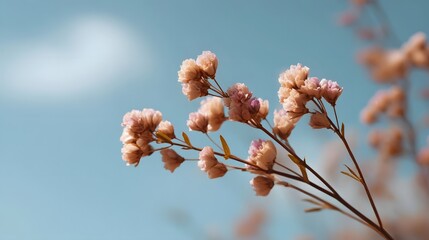 Delicate dried pink flowers on thin stems against a soft blue sky background with wispy clouds
