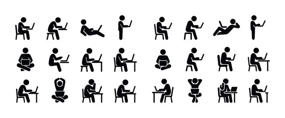 Various stick figure poses with laptops in different sitting and