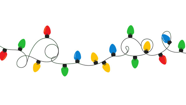 A festive illustration of colorful christmas string lights on a plain white background