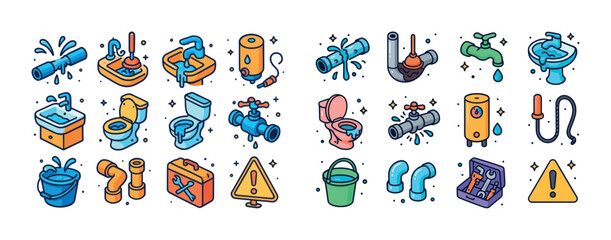 Colorful plumbing tools and fixtures collection with pipes and f
