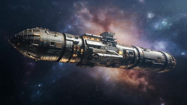 A sleek spaceship with metallic modules flies through a vibrant nebula in deep space with stars and colorful cosmic clouds.