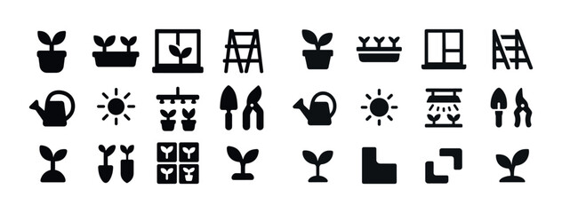 Gardening icon set: plants, tools, and growth symbols