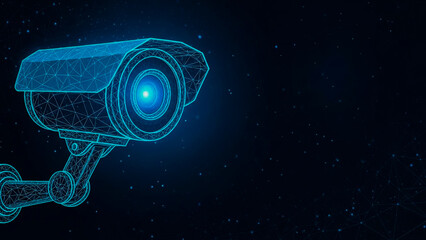 A glowing blue wireframe security camera with a bright lens vigilantly monitors a dark digital background with abstract network connections. This futuristic image embodies advanced digital