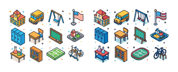 Colorful isometric school icons set with transportation and equi