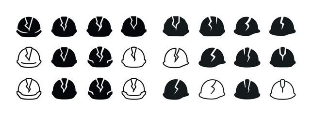 Set of iconic construction helmets with cracks in various styles