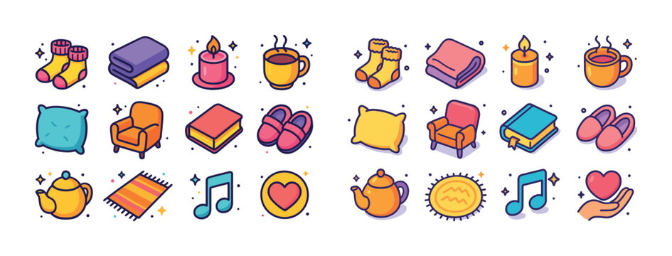 Cozy icons set featuring home comforts with socks, candle, teapo