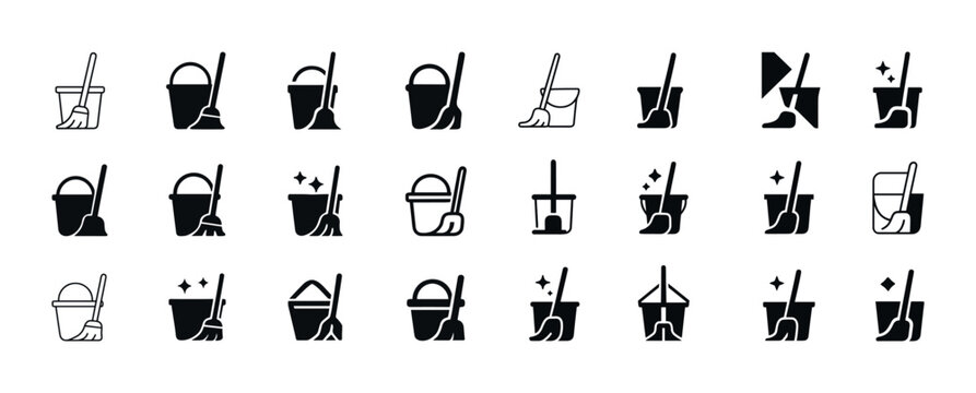 Set of cleaning tool icons with mop and bucket illustrations