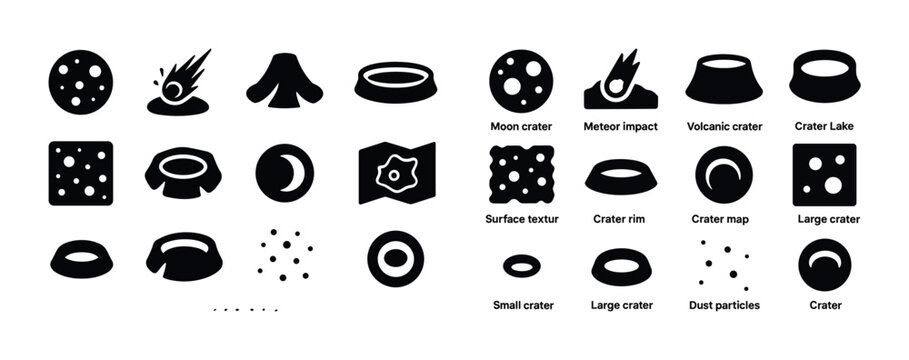 Collection of crater icons including moon, meteor impact, and vo