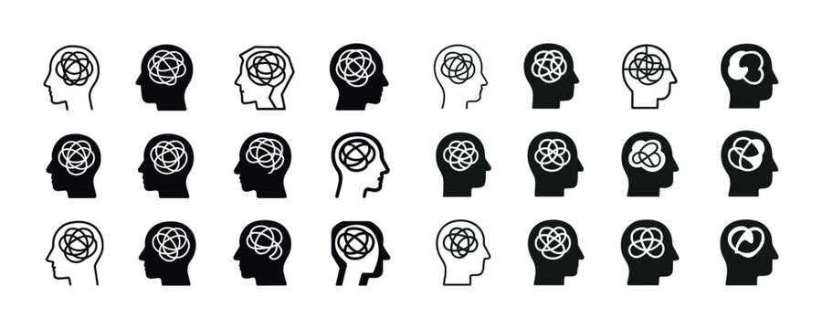 Silhouette profile icons with abstract brain patterns representi - Powered by Adobe