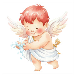Cute Cupid Angel Washing Hands Watercolor Vector Illustration Isolated on White Background
