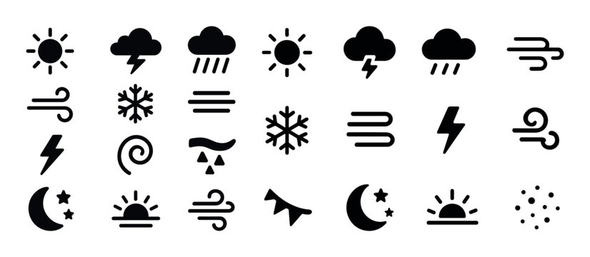 Weather icons set: sun, cloud, rain, snow, wind symbols for fore