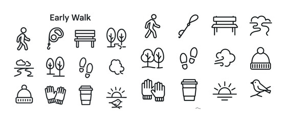 Minimalist icons of daily walks: pedometer, coffee, nature, bird