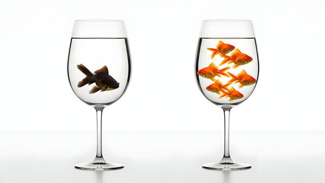 Two wine glasses with fish inside contrasting environments