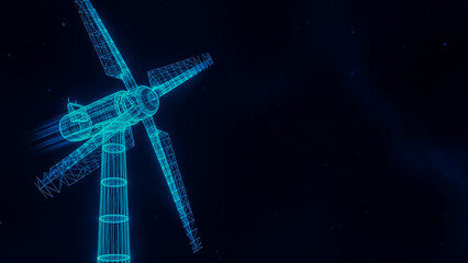 A captivating 3D render of a wind turbine as a glowing blue wireframe model, symbolizing advanced renewable energy technology and sustainable power solutions. Set against a dark, abstract background